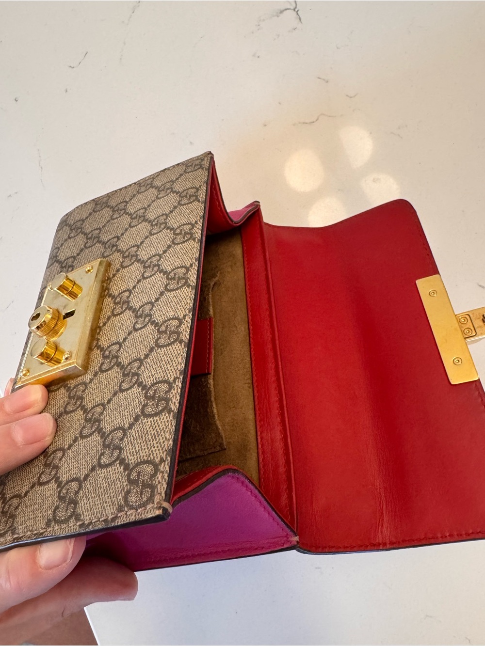 Gucci Red + Pink Leather & Monogram GG Canvas Crossbody with Gold Chain - Picture 10 of 12